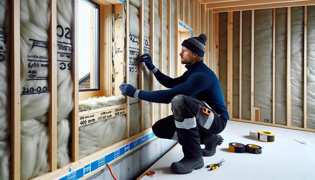 Builder sealing passive house insulation and airtight membrane during blower door test in norway