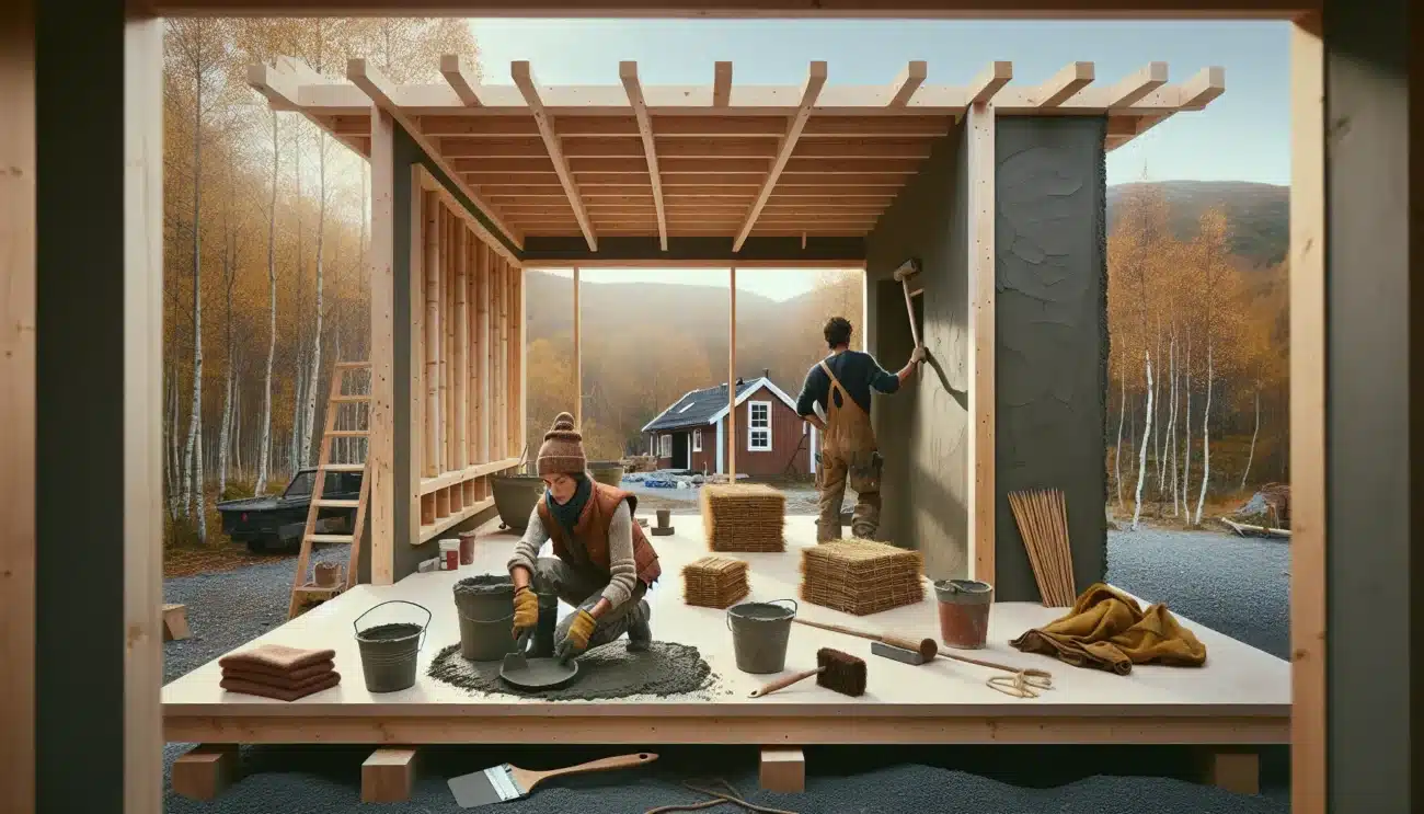 Builders apply clay plaster and fit straw bales with bamboo shading in norway