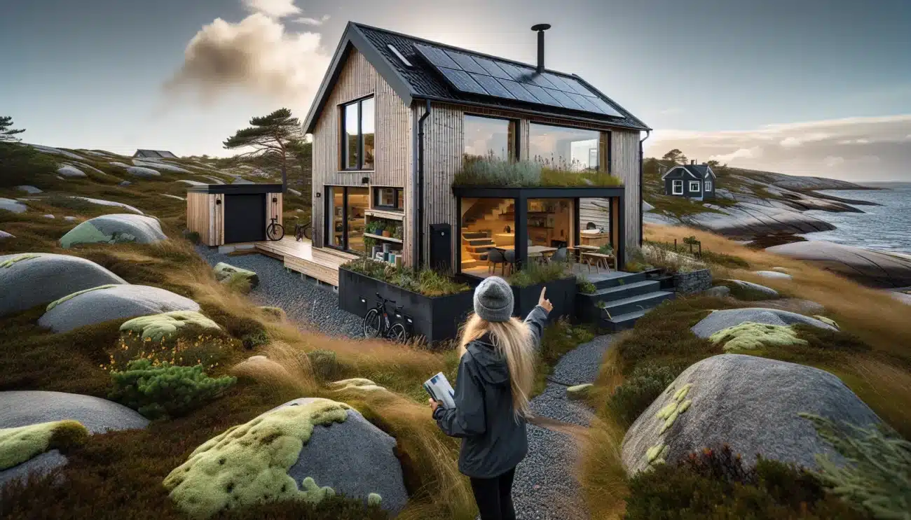 Compact norwegian timber home with solar roof rain garden and heat pump