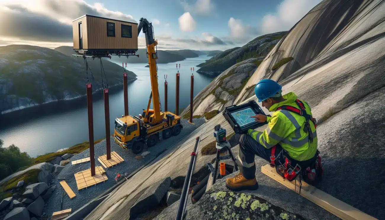 Crane lowers prefab house onto rock anchored columns on a norwegian fjord hillside