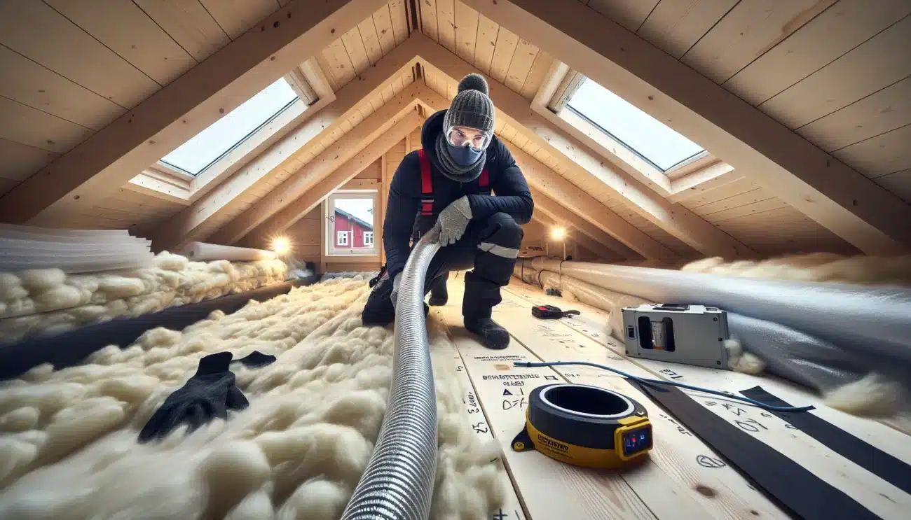Installer blowing cellulose insulation in a norwegian attic to cut heat loss