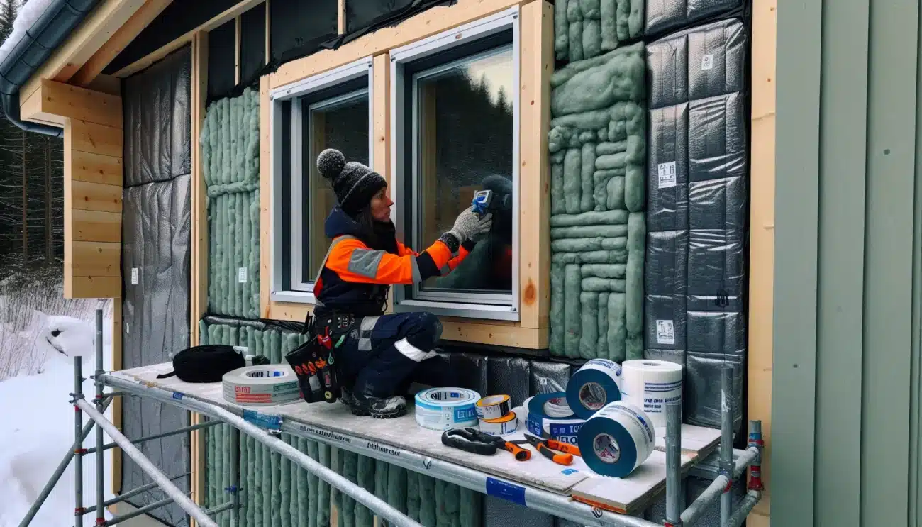 Installer sealing window and exterior insulation on a snowy norwegian house