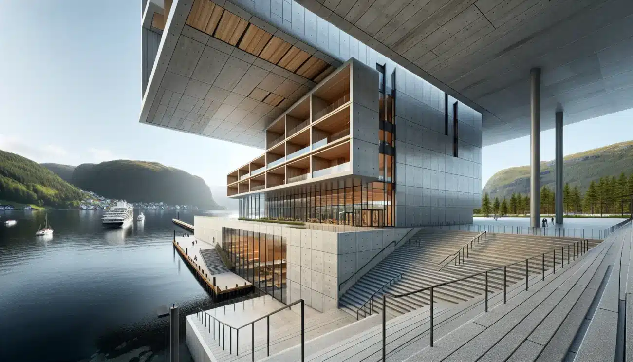 Modern norwegian concrete building with cantilever glazed facade and sustainable detailing