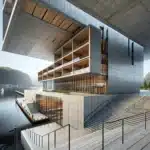 Modern norwegian concrete building with cantilever glazed facade and sustainable detailing