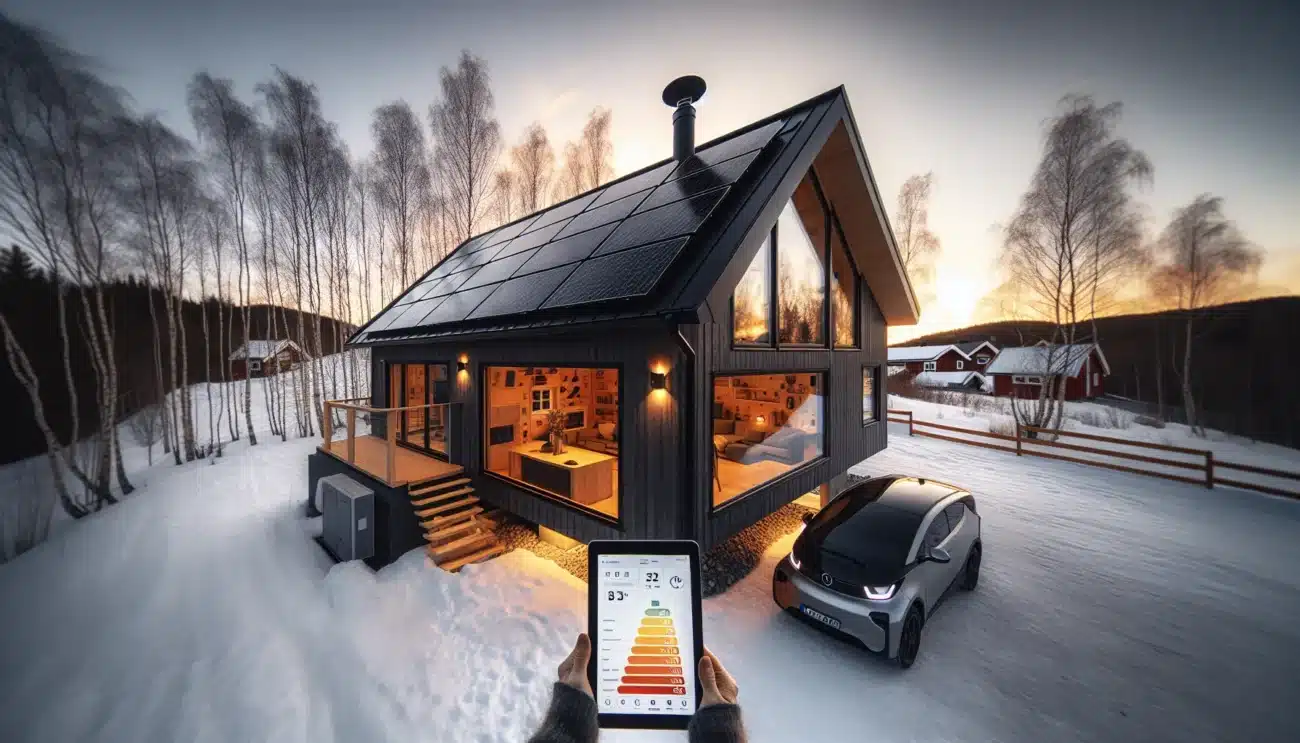 Modern norwegian energy efficient home with solar panels and architect checking energy data