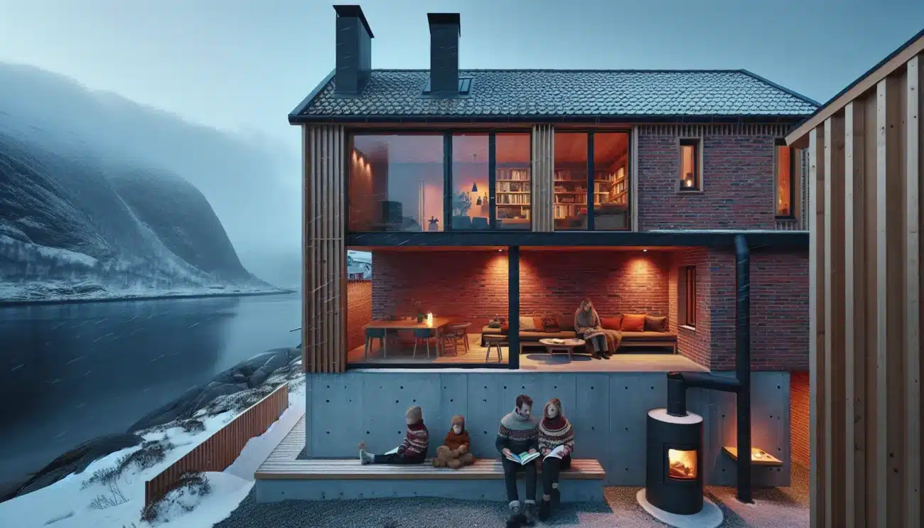 Norwegian brick house glowing warm in a winter storm by a fjord