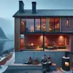 Norwegian brick house glowing warm in a winter storm by a fjord