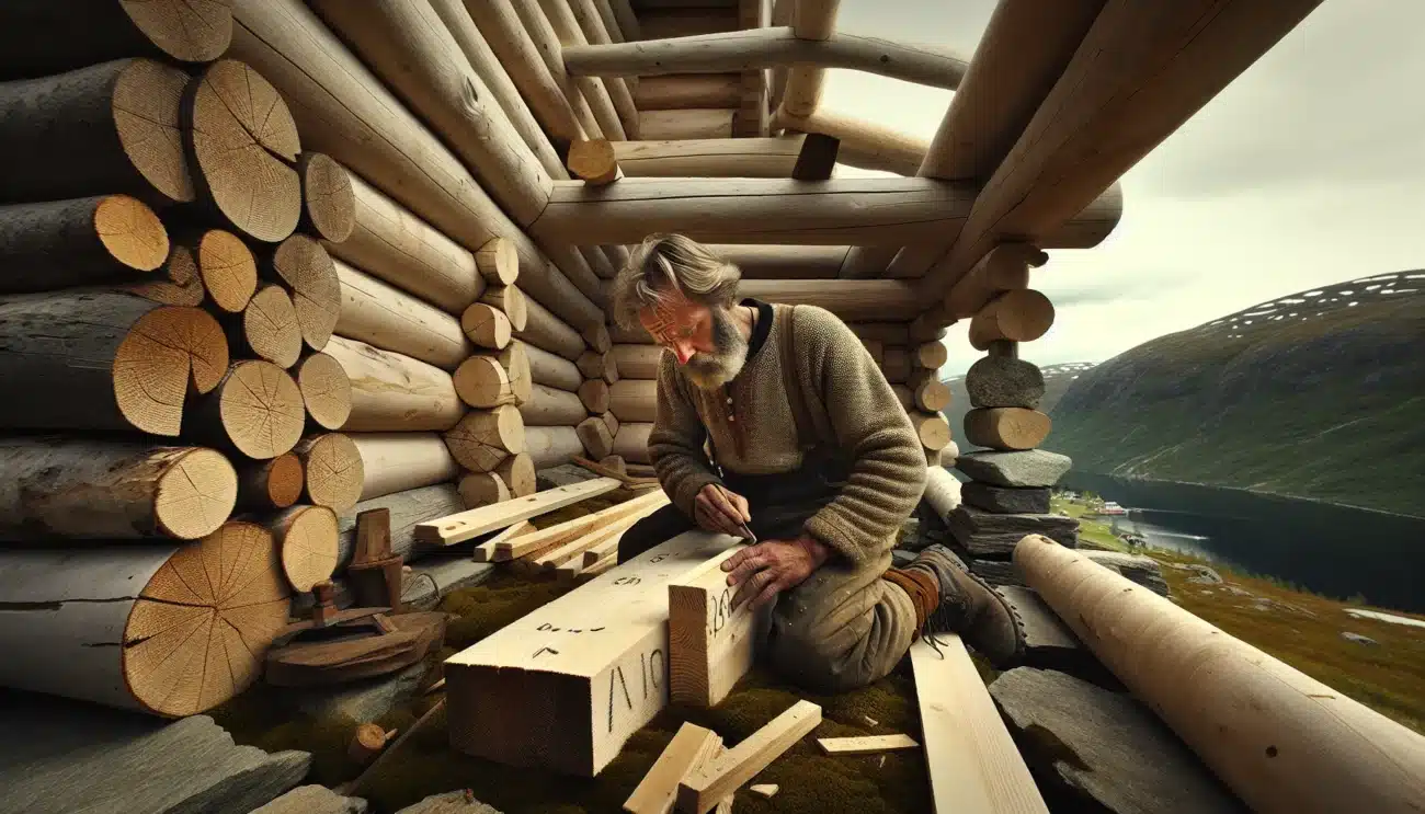 Norwegian craftsman lafting a log cabin with turf roof and stone base