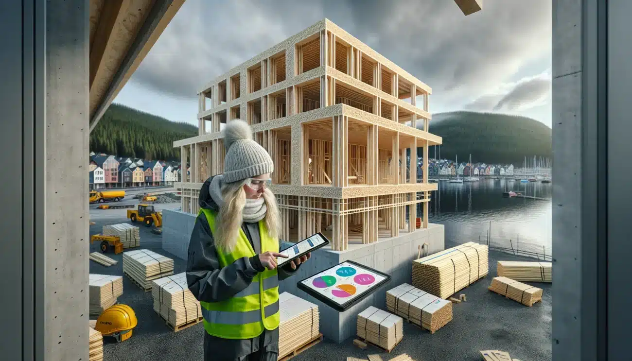 Norwegian mass timber construction site with low carbon concrete and bio based panels