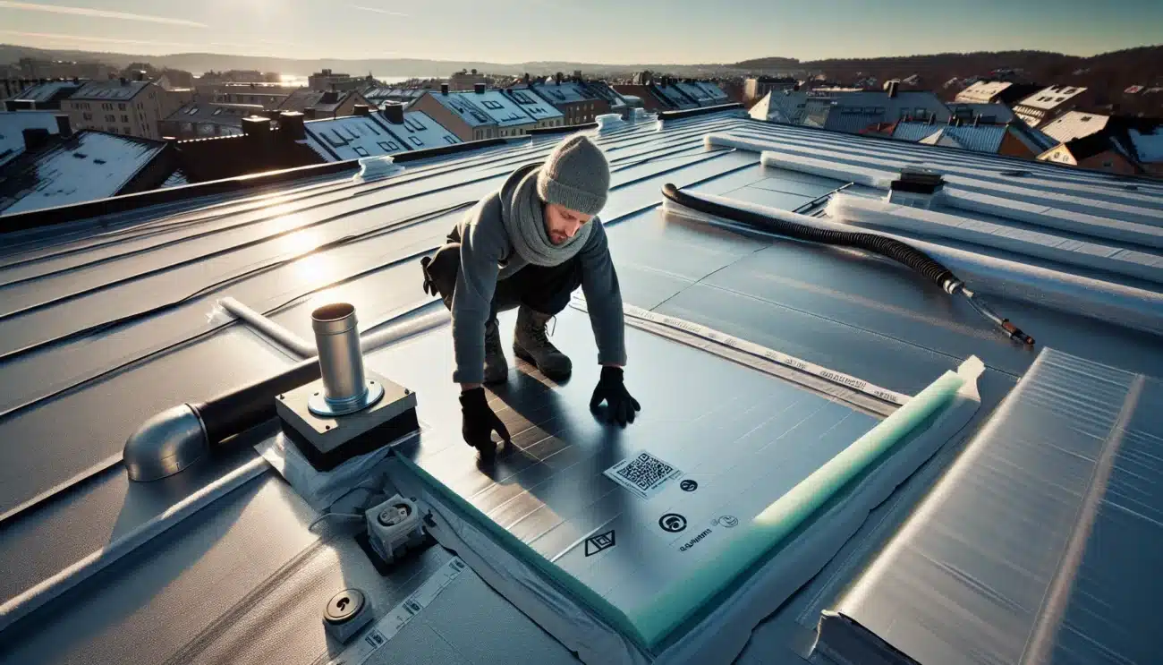 Norwegian roofer installs vip insulation aerogel and sensor on winter roof