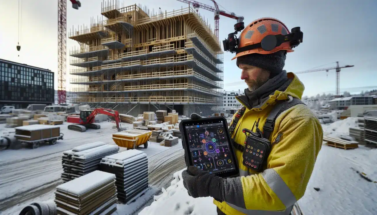 Norwegian site manager uses bim tablet on smart wintery construction site