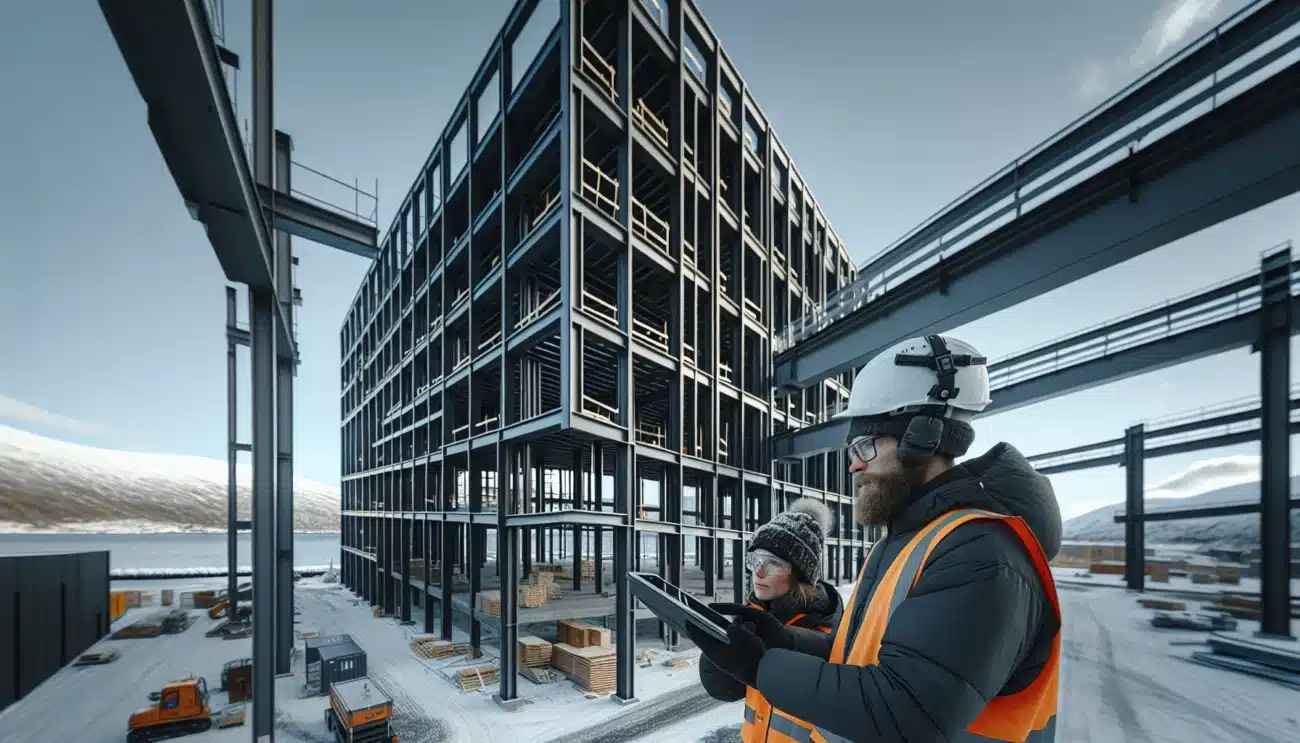 Norwegian waterfront site with steel frame and aluminium facade being installed