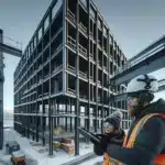 Norwegian waterfront site with steel frame and aluminium facade being installed