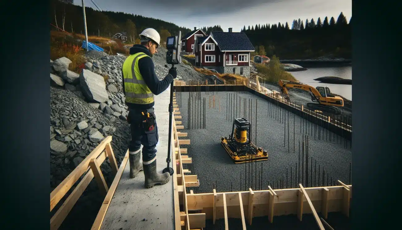 Norwegian worker checks slab base with drainage insulation and radon barrier