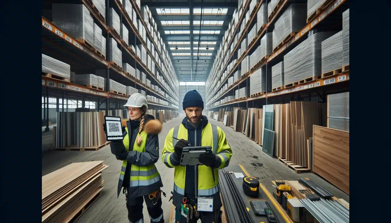 Norwegian workers inspect labeled reclaimed building materials in a bright warehouse