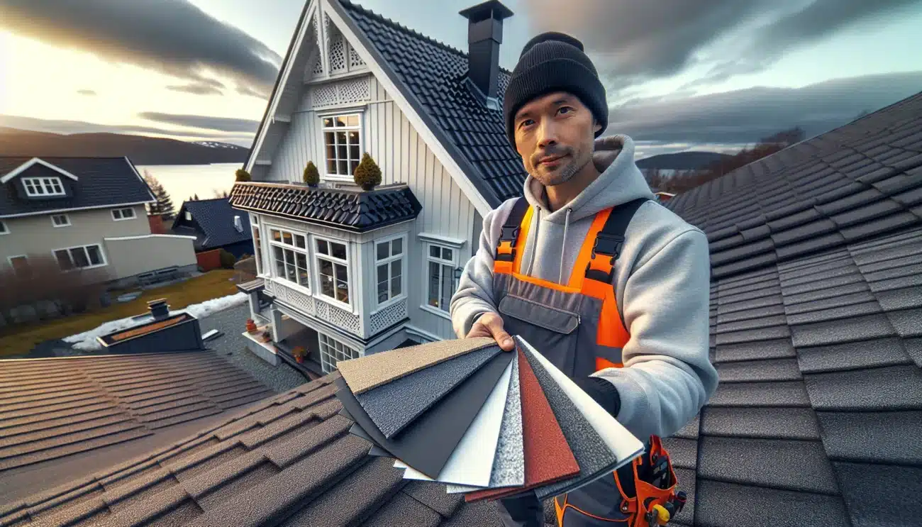 Roofer shows roofing material samples beside norwegian house with gabled roof and fjord backdrop