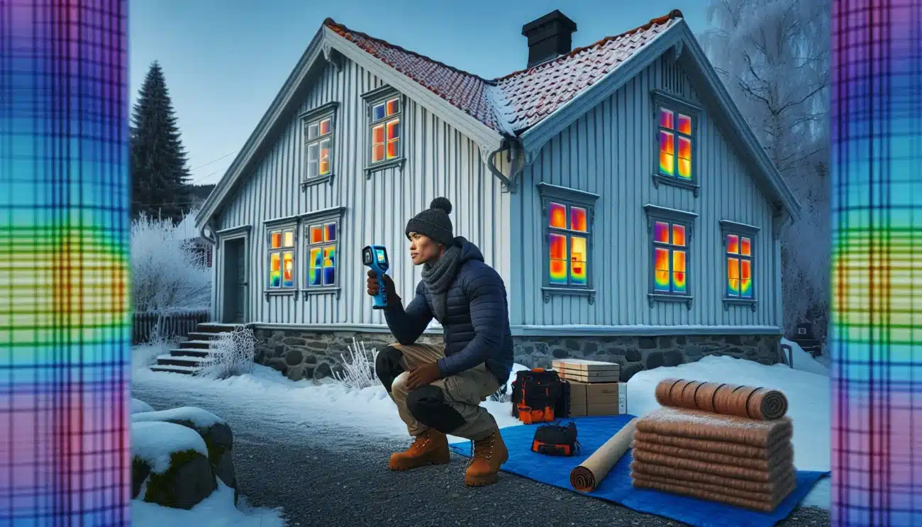 Technician uses a thermal camera on a snowy norwegian wooden house at dusk