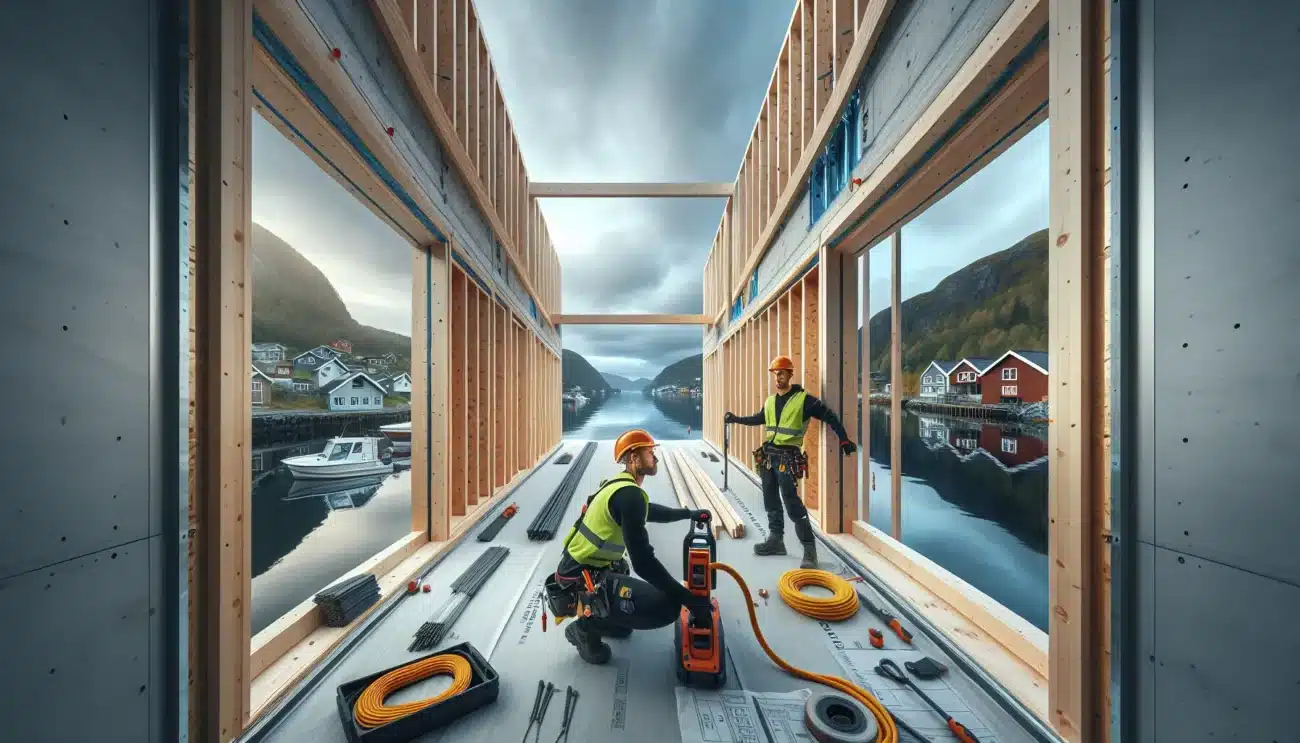 Workers install clt panels in a norwegian hybrid timber building under overcast light