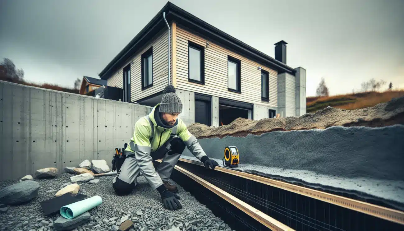 Contractor installing xps and drainage on a norwegian basement wall in autumn