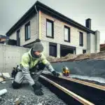 Contractor installing xps and drainage on a norwegian basement wall in autumn