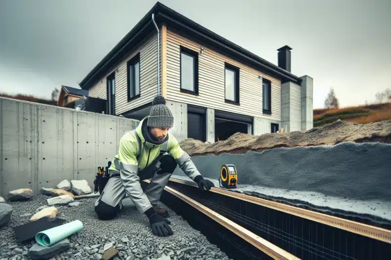 Contractor installing xps and drainage on a norwegian basement wall in autumn