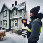 Energy advisor thermographs an old norwegian wooden house on a snowy evening
