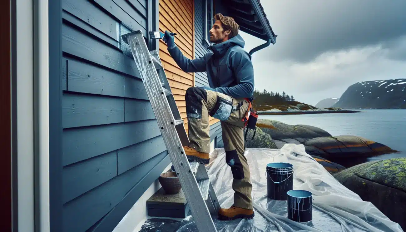 Homeowner painting norwegian wooden facade with primed and finished sections visible