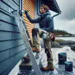 Homeowner painting norwegian wooden facade with primed and finished sections visible