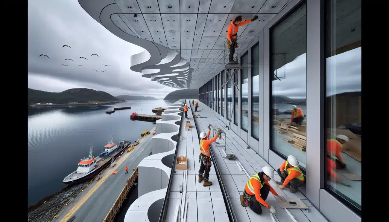 Installers mount curved composite facade panels on a modern norwegian waterfront building