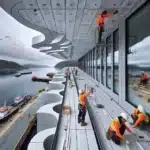Installers mount curved composite facade panels on a modern norwegian waterfront building