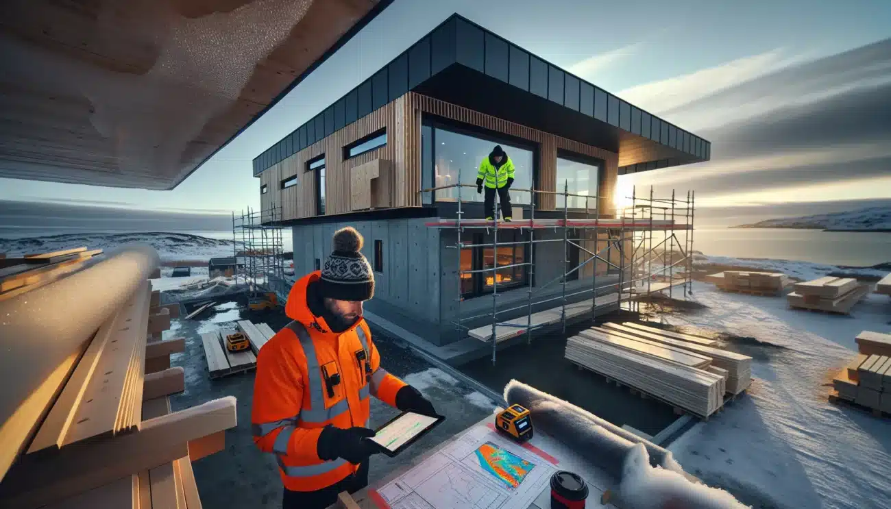 Norwegian coastal building site using weather protection and snow ready roof in winter