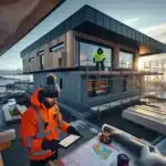 Norwegian coastal building site using weather protection and snow ready roof in winter
