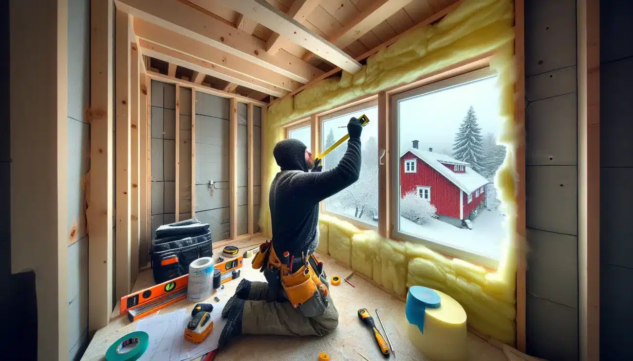 Norwegian diyer fitting mineral wool and vapor barrier in a winter lit room