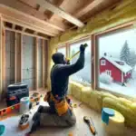 Norwegian diyer fitting mineral wool and vapor barrier in a winter lit room