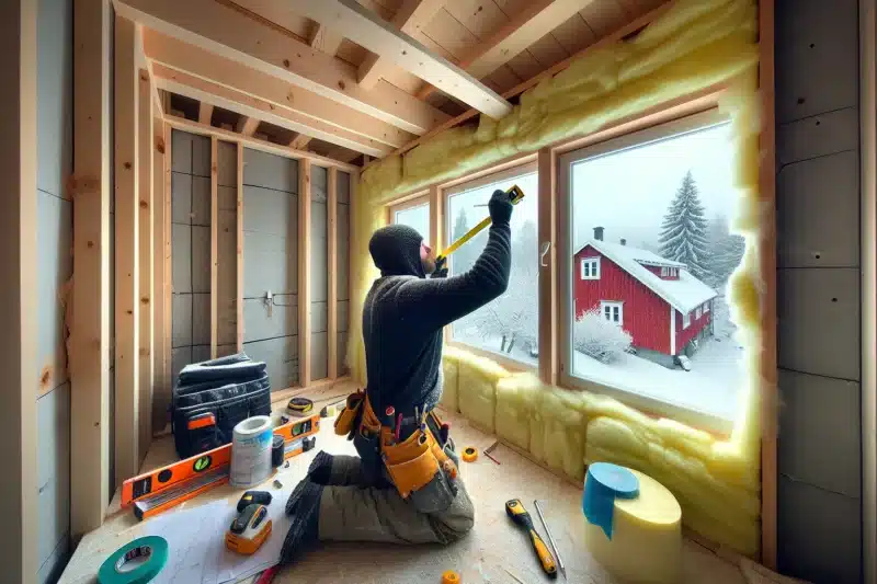 Norwegian diyer fitting mineral wool and vapor barrier in a winter lit room