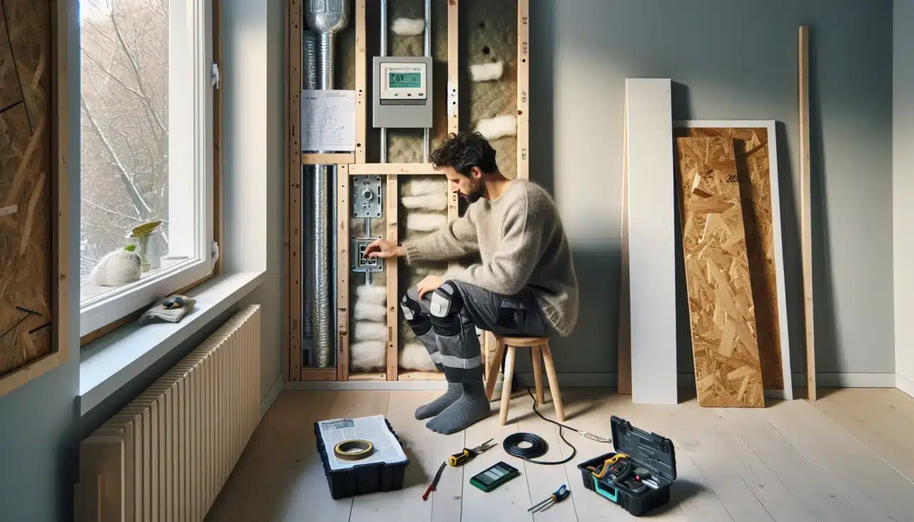 Norwegian homeowner adding soundproofing to shared wall to reduce neighbor noise