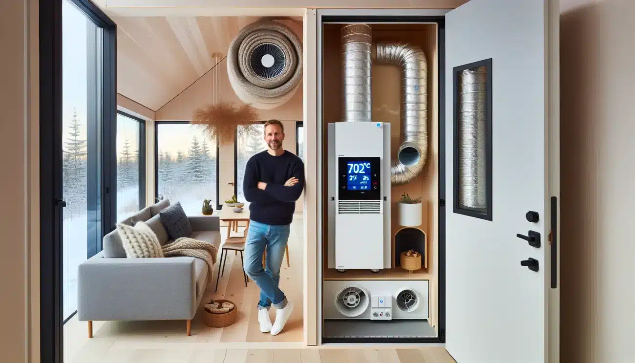 Norwegian homeowner checks co2 monitor by hrv in an insulated winter home