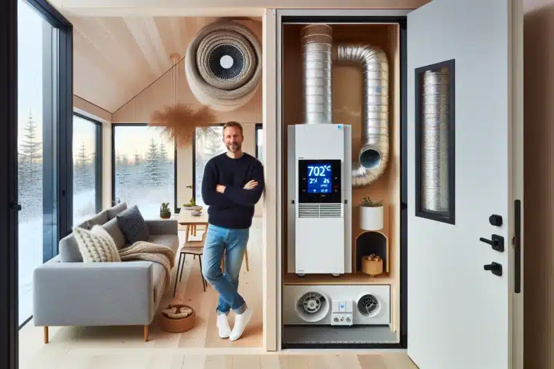 Norwegian homeowner checks co2 monitor by hrv in an insulated winter home