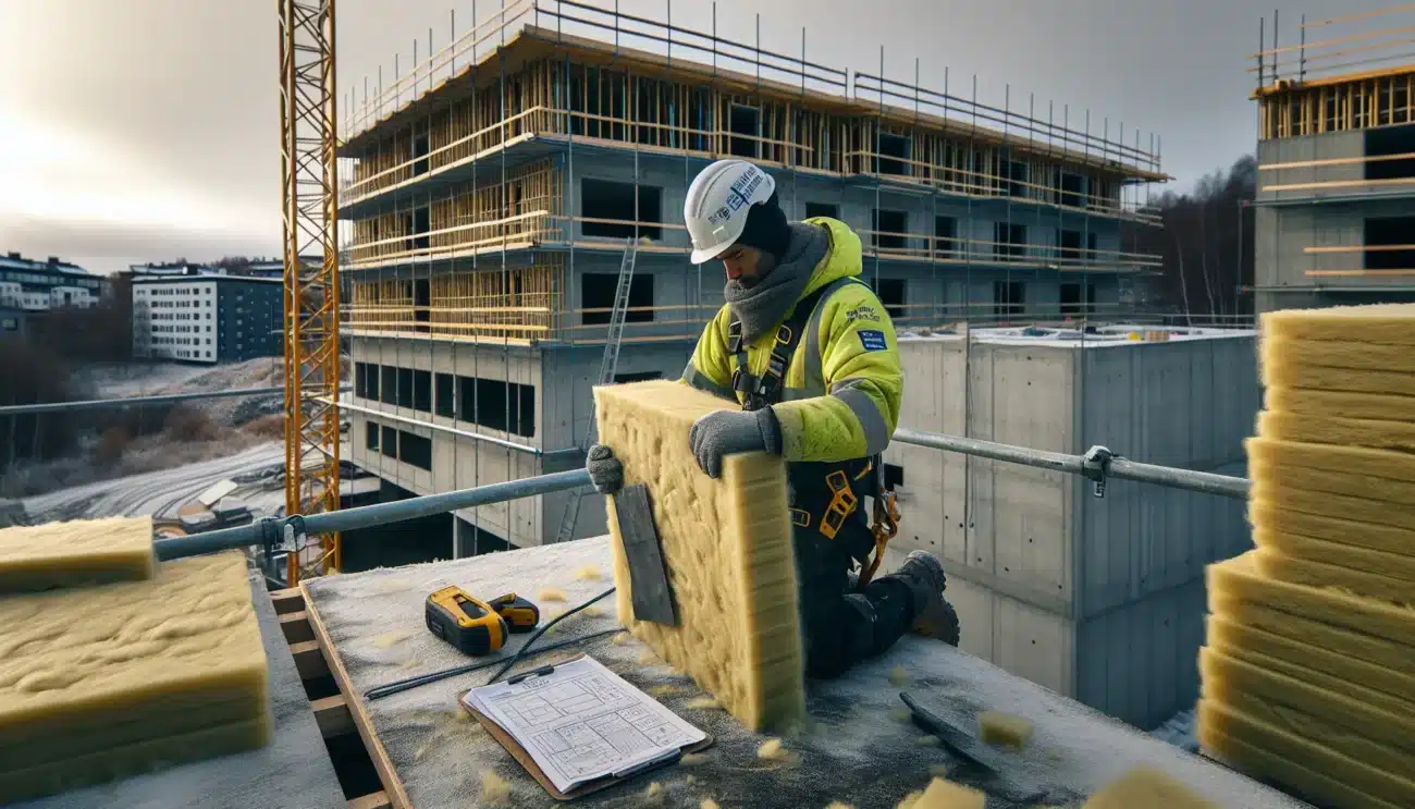 Norwegian worker installing mineral wool firestop in a ventilated facade
