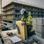 Norwegian worker installing mineral wool firestop in a ventilated facade