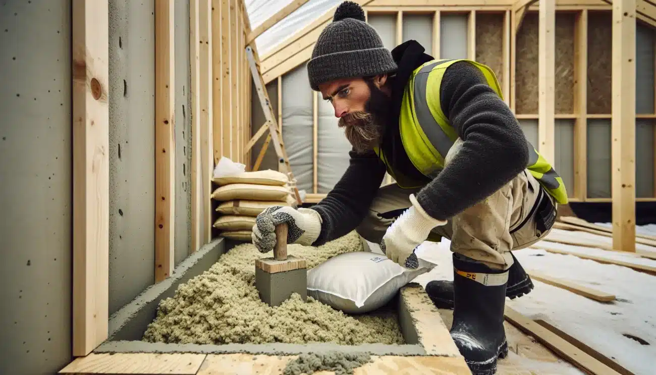 Norwegian worker packing hempcrete into a timber frame under winter light