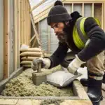 Norwegian worker packing hempcrete into a timber frame under winter light
