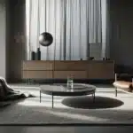 Scandinavian living space combining wood stone metal glass and textiles