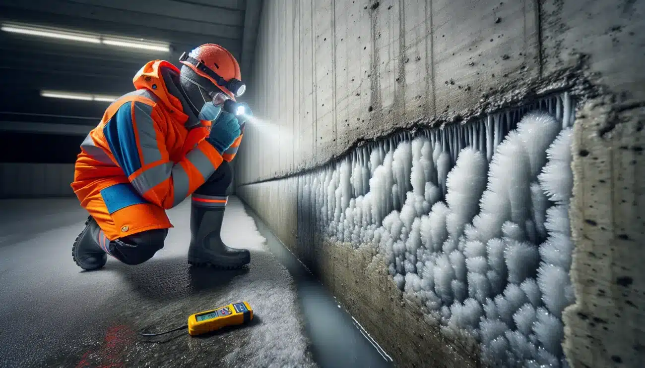 Self healing concrete crack sealed in a damp norwegian parking garage inspection