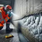 Self healing concrete crack sealed in a damp norwegian parking garage inspection
