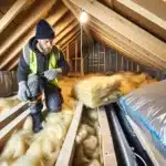 Worker installing thick attic insulation in a norwegian loft during winter