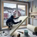 Worker installs thin aerogel insulation panel on interior wall in oslo winter