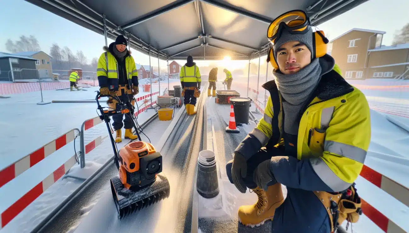 Workers manage snow and heated tent on a norwegian winter construction site