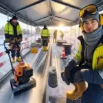 Workers manage snow and heated tent on a norwegian winter construction site